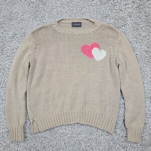 Wooden Ships Womens Heart Knit Sweater Size XS Tan Pullover‎ Cozy Layer READ